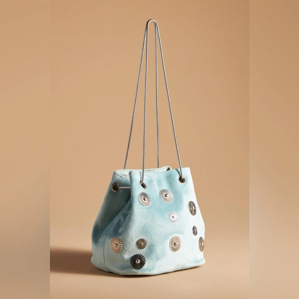 New Anthropologie embellished velvet pouch bag light blue silver medallions